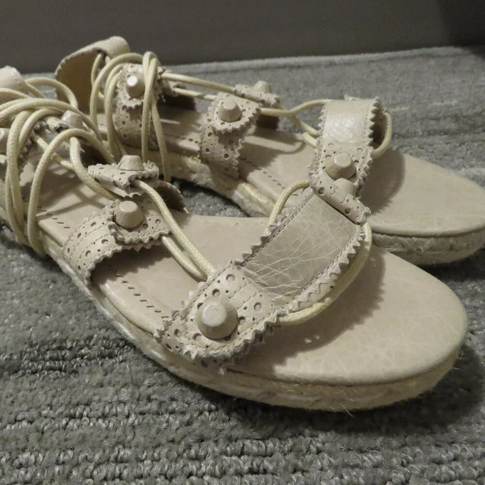 BALENCIAGA PARIS Arena Leather Gladiator Ankle Wrap Espadrilles in Praline Sz 6 - Picture 8 of 15